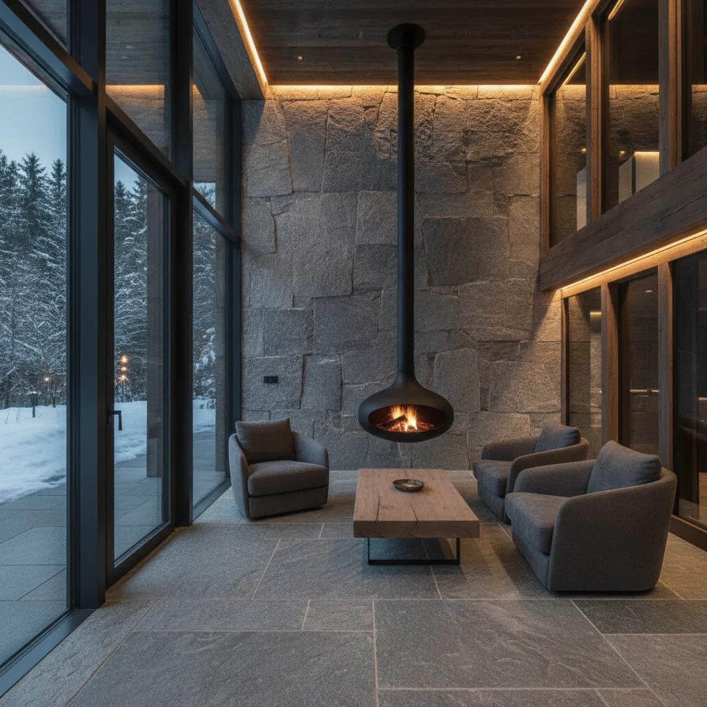 poêle suspendu chalet design
